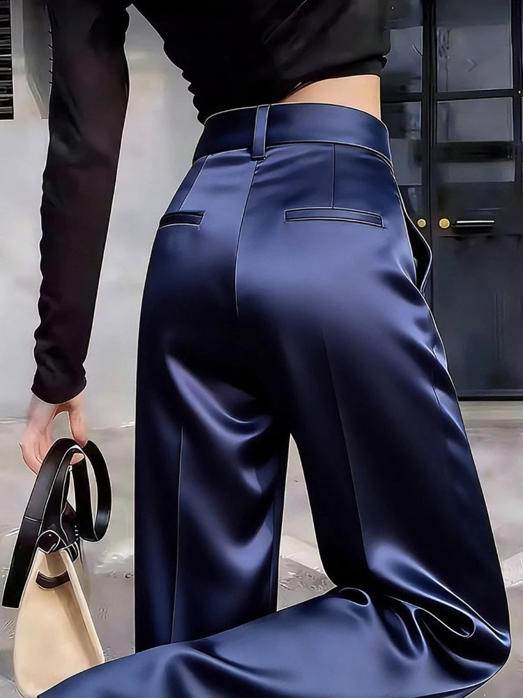 Pantalón de Pierna Ancha Efecto Satén de Tiro Alto