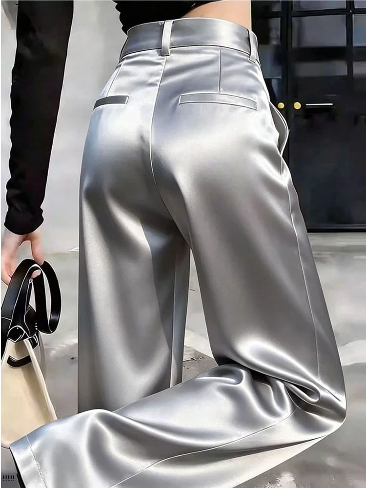 Pantalón de Pierna Ancha Efecto Satén de Tiro Alto