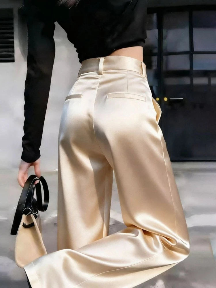 Pantalón de Pierna Ancha Efecto Satén de Tiro Alto