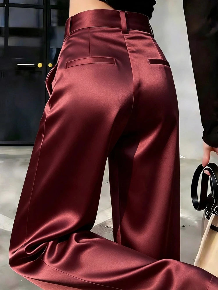 Pantalón de Pierna Ancha Efecto Satén de Tiro Alto