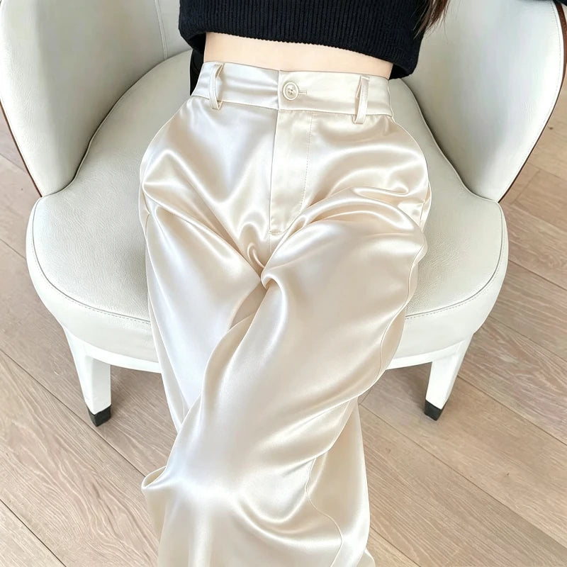 Pantalón de Pierna Ancha Efecto Satén de Tiro Alto