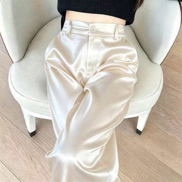 Pantalón de Pierna Ancha Efecto Satén de Tiro Alto